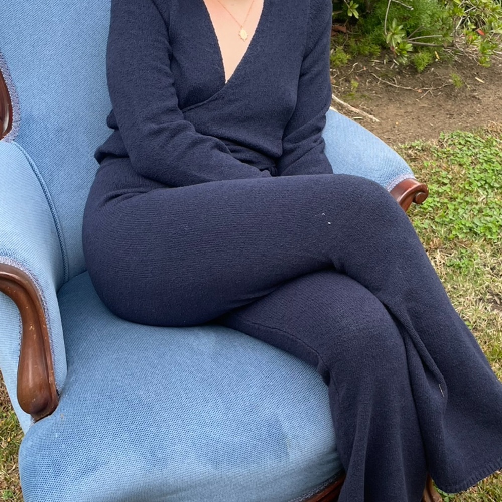 Free People Blue Knit Jumpsuit with Wrap V-Neck gently worn